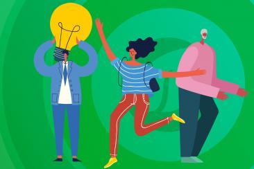 A green background with three cartoon people on the images, one is holding a lightbulb