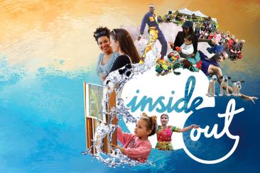 A graphic banner of painted brush strokes of blue and orange, with images of some of the cultural events taking place as part of inside out
