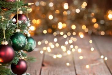 Christmas baubles and lights on a tree