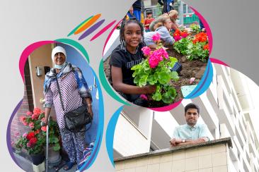 Grey banner with orange, purple and pink ovals in the bottom left with images in circular frames of a young black girl planting flowers and an older woman in a head scarf standing in a doorway on the right