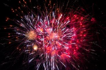 Red, white and gold fireworks exploding against the night sky