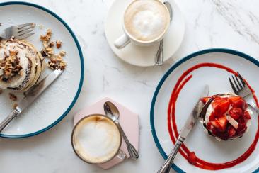 Colour photo of coffees and cakes