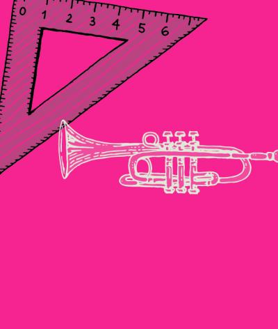 Graphic image of a book, trumpet, ruler and pipette on pink background