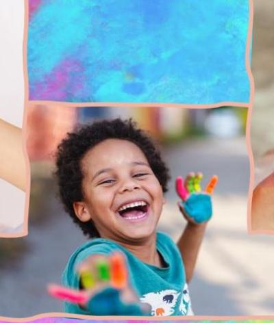 A montage of children with painted hands. 