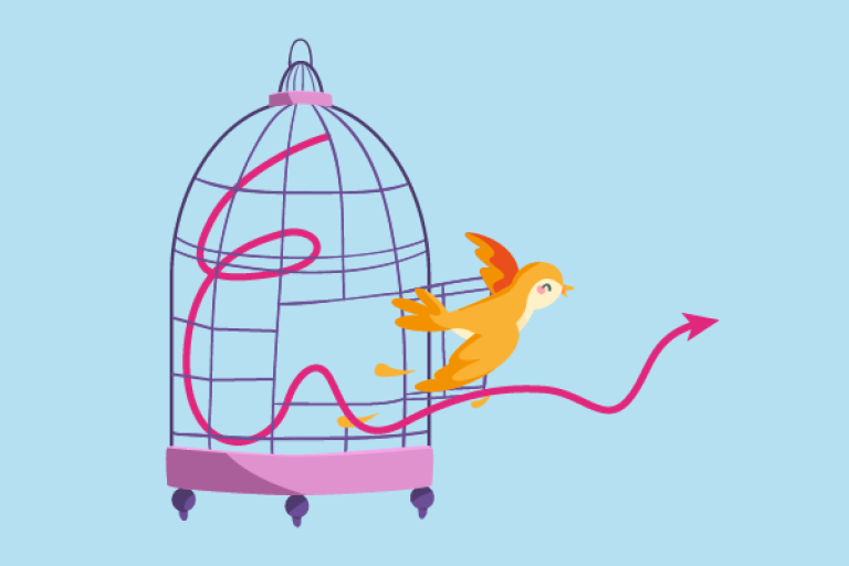 Image of a bird cage with a yellow small bird flying out against a blue background