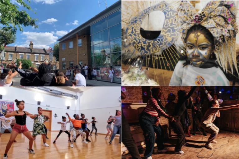 A collage of images from the avenues youth project including children practicing dance routines, and a young girl in gold face paint.