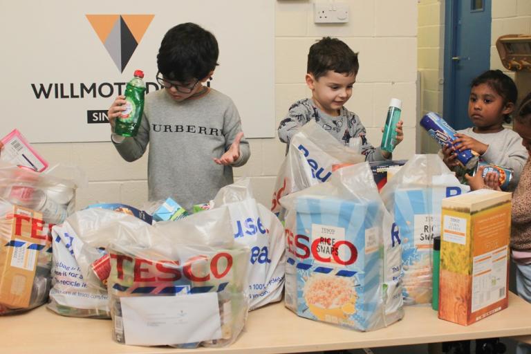 Children unpacking shopping bags