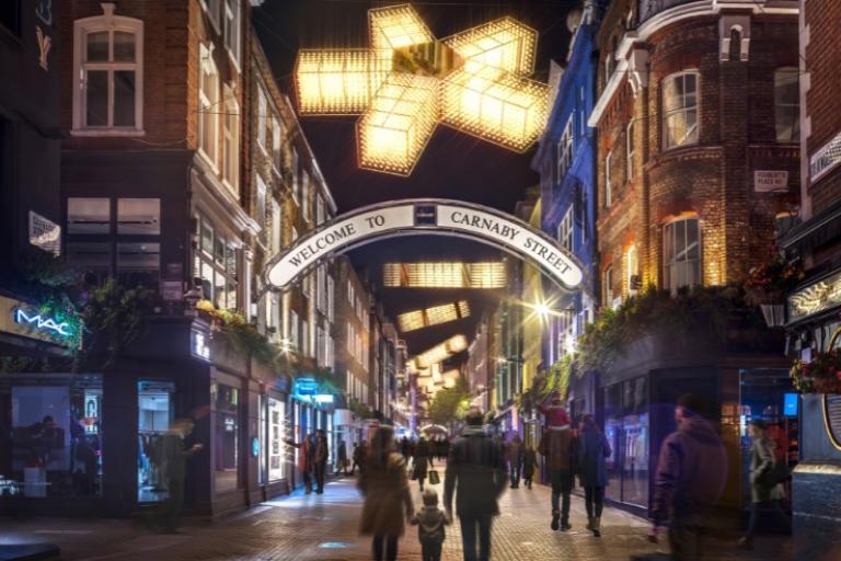 Christmas lights suspended above Carnaby Street