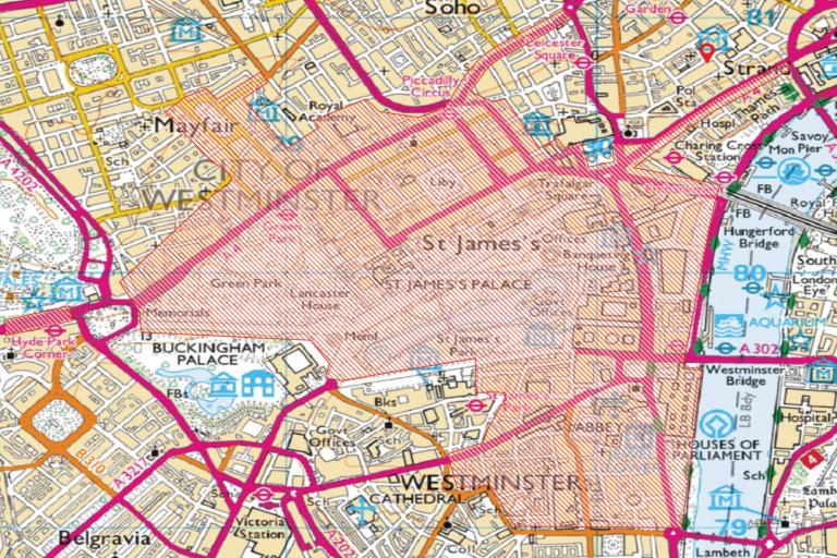 A map of road closures around St James's for the New Year's Day parade.