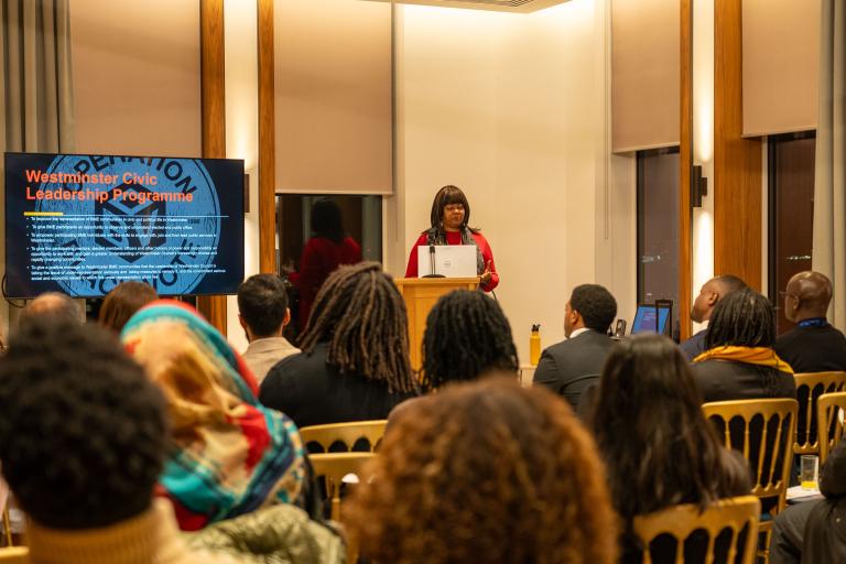 A talk being given to delegates outlining the Operation Black Vote programme