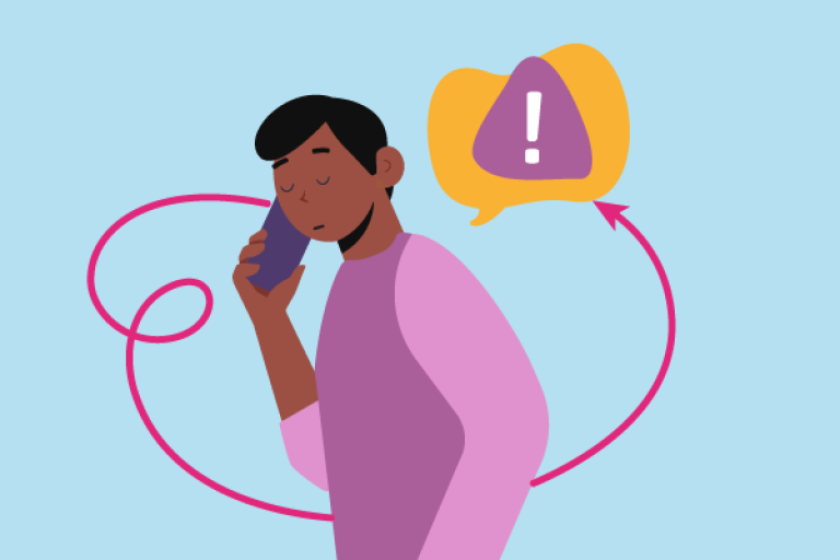 Image of an illustrated man on the phone with a orange speech bubble containing an exclamation mark