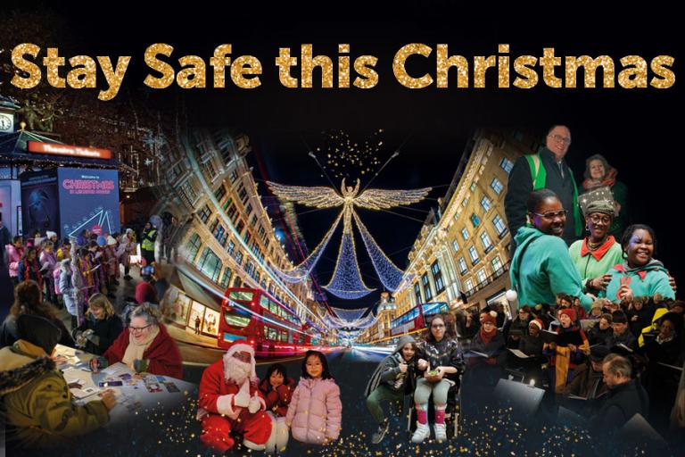 Image of Christmas lights with the words 'stay safe this Christmas'