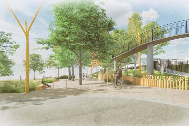 An artist impression of how the westbourne green canalside will look after improvement works, including better pedestrian and cycling connections and new landscaping work