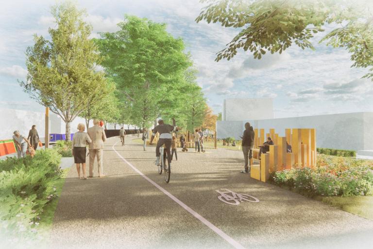 An artist impression of how the westbourne green canalside will look after improvement works, with a split path for cycling and walking