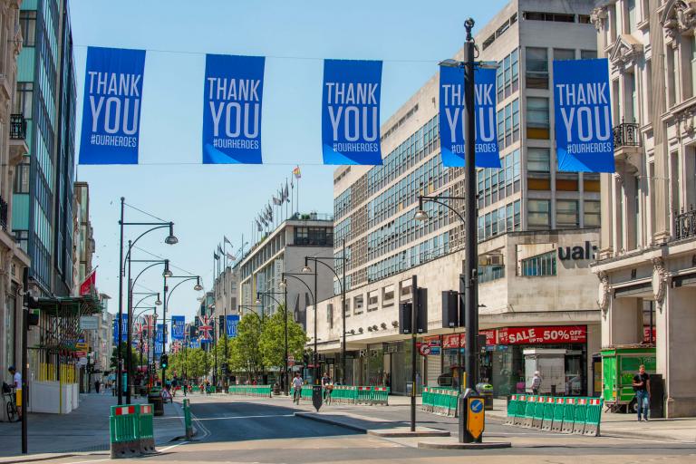 Picture of Oxford Street with 'thank you our heroes' banner