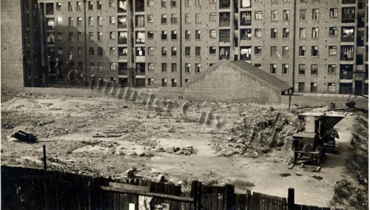 A black and white photo of the building site at the start of construction of the Seymour Leisure Centre.