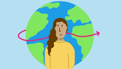 Illustration of a the world (globe) a woman standing in front weather a yellow jumper