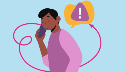 Image of an illustrated man on the phone with a orange speech bubble containing an exclamation mark